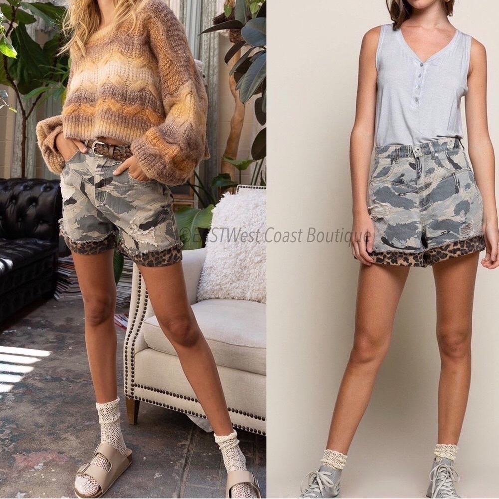 DENIM CAMO SHORTS ON w/ LEOPARD PRINT HEM - Picture 8 of 10
